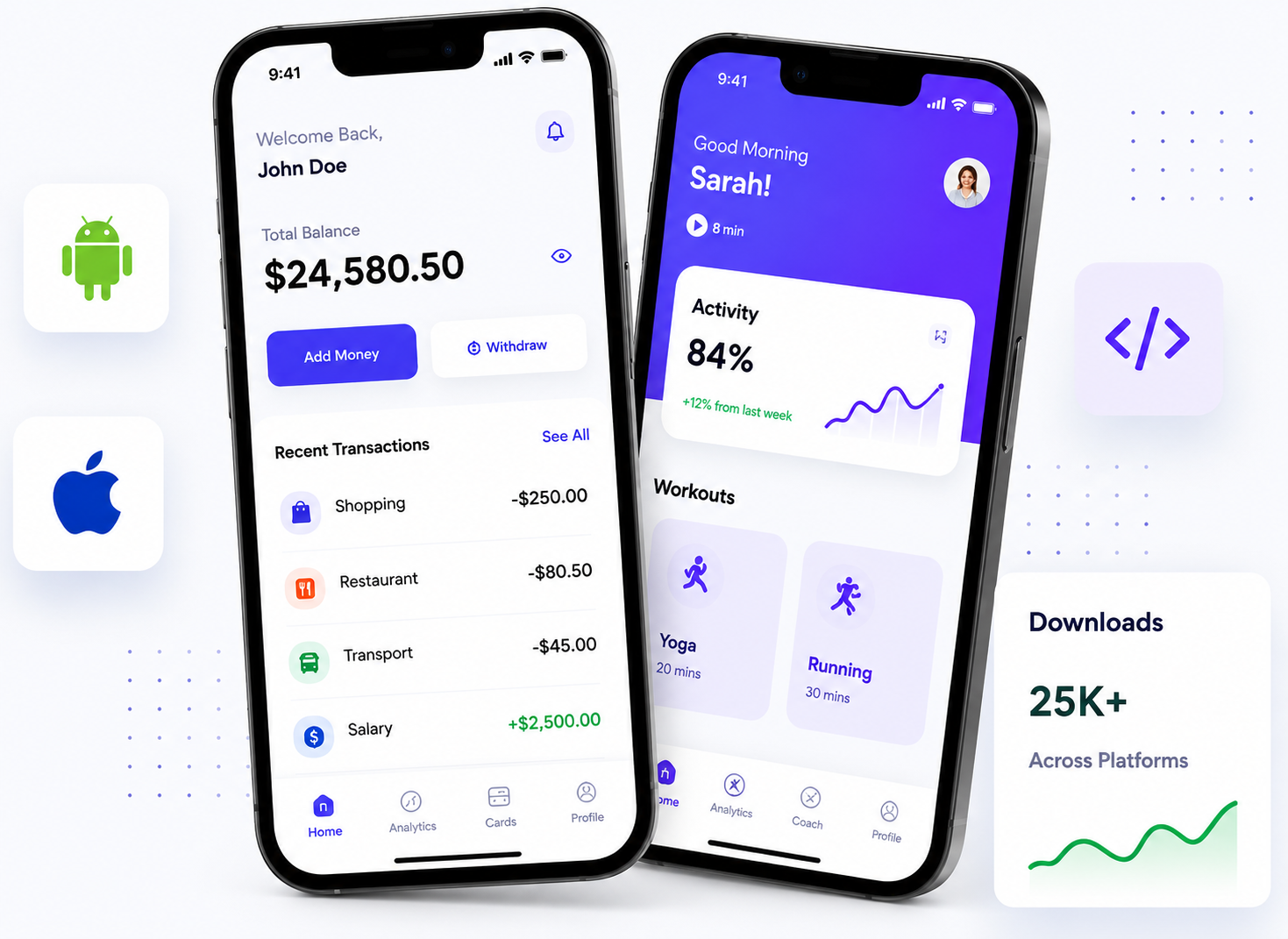 Mobile app development illustration with UI frames and platform icons