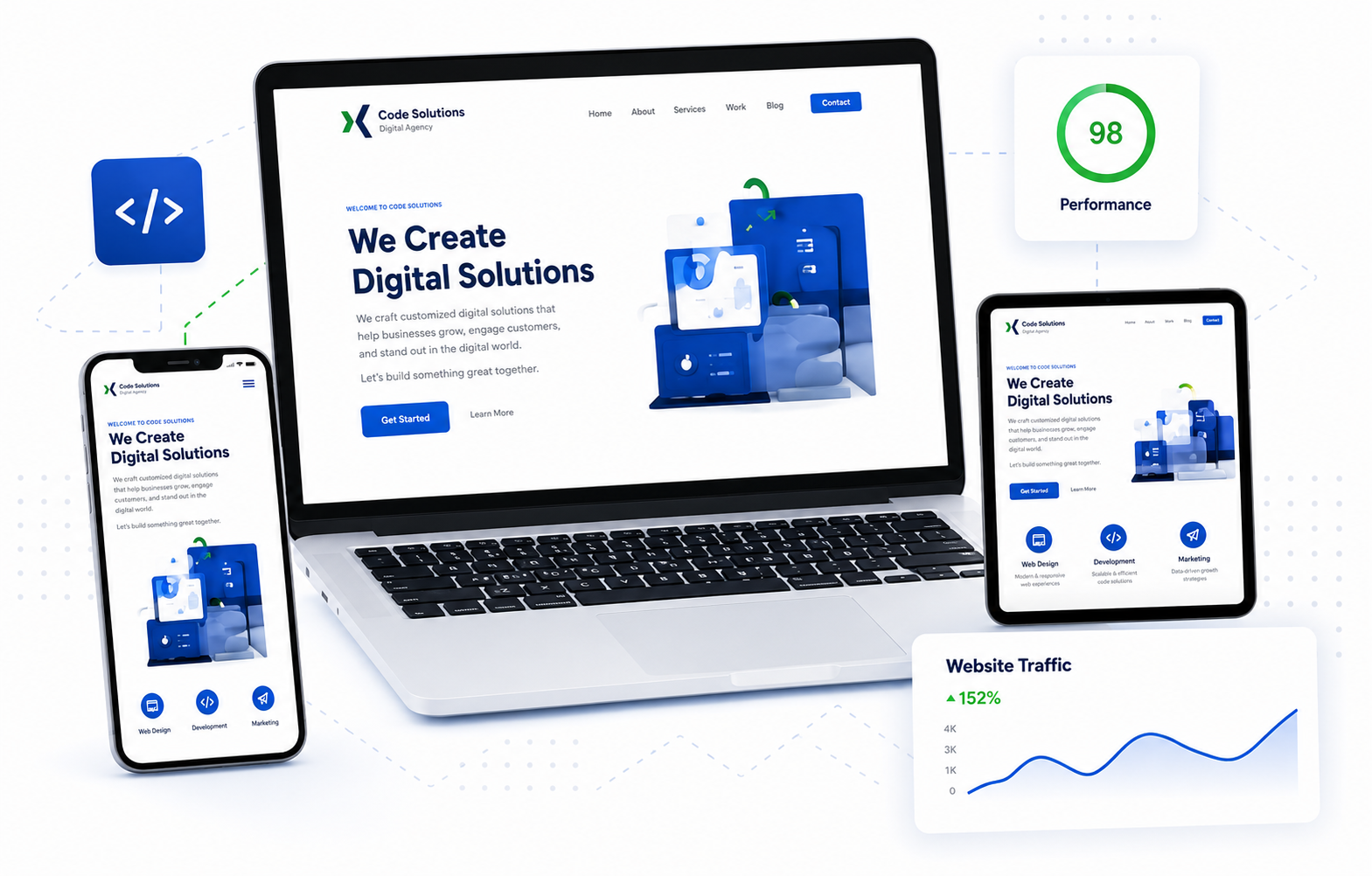 Website development illustration with laptop, smartphone, tablet and analytics